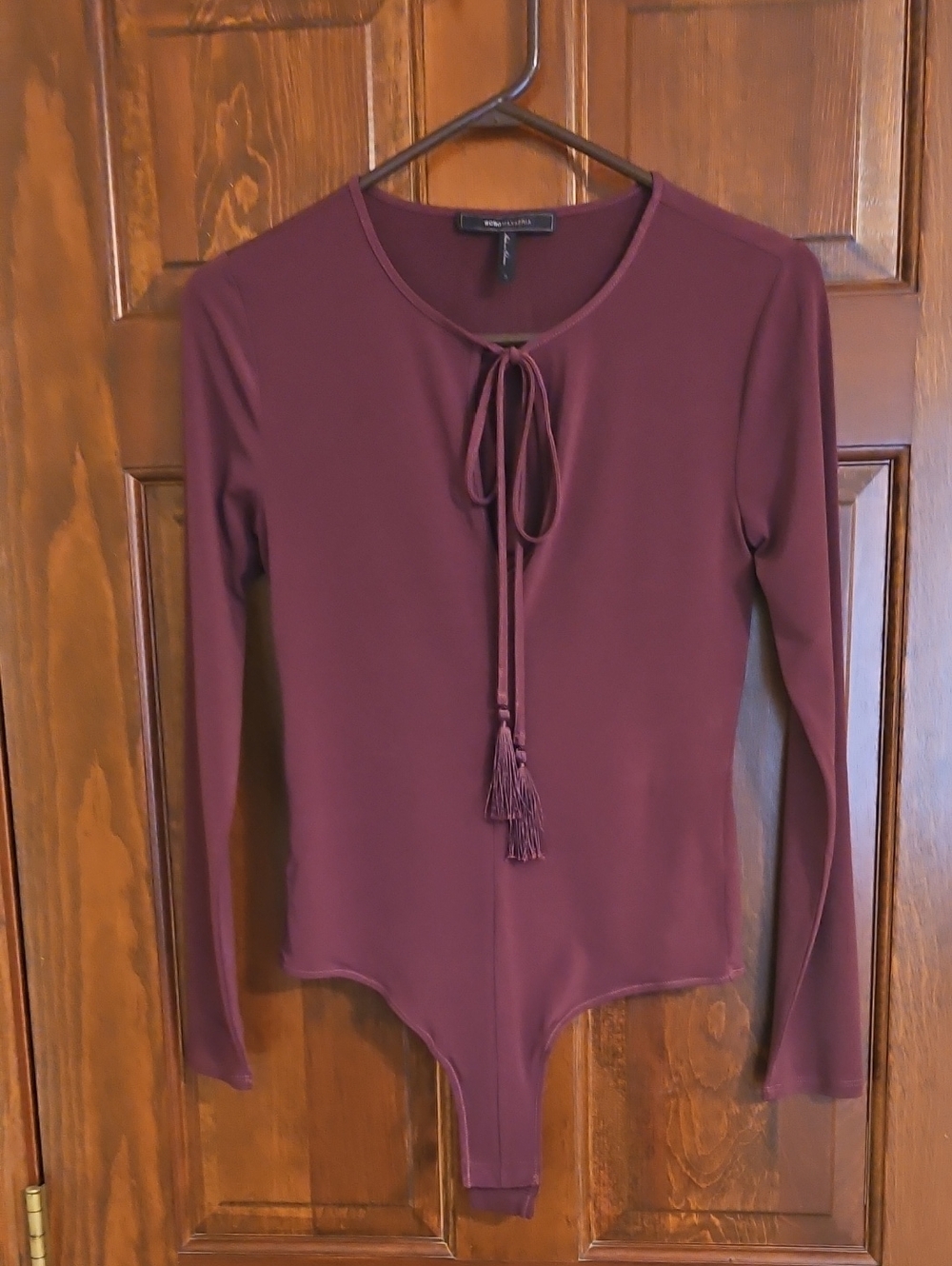 BCBGMaxAzria Maroon Tie-Front Long-Sleeve Bodysuit